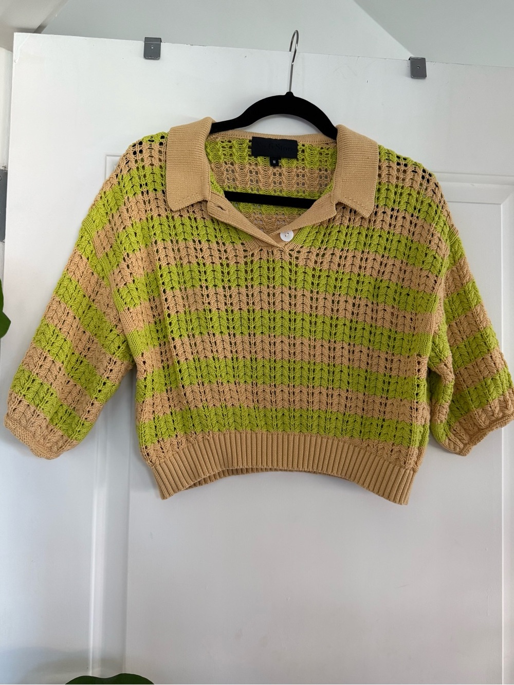 No. 6 Striped Open-Knit Polo Sweater in Beige and Lime